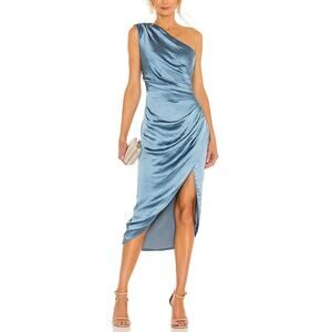 Elliatt 'Cassini' Blue One Shoulder Side Ruffle Satin Dress Size XS